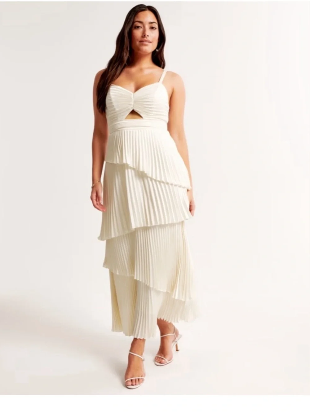 Abercrombie & Fitch Giselle Cream Pleated Tiered Maxi Dress Asymmetric Layers M